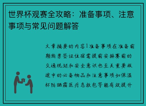 世界杯观赛全攻略：准备事项、注意事项与常见问题解答
